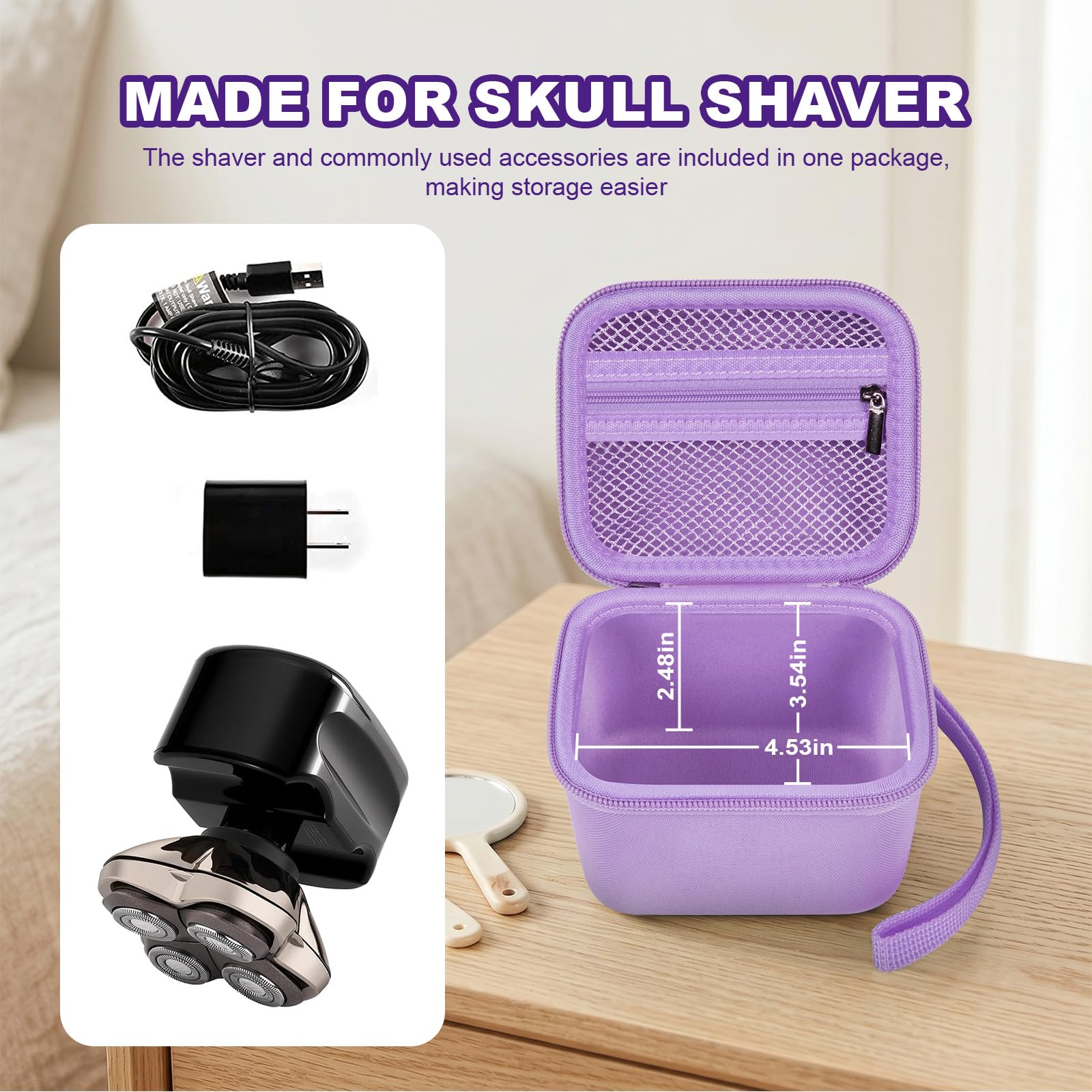 Case for Skull Shaver Electric Pitbull Pro Razor, Hard Travel Rotary Men Head Shavers Beard Trimmer Storage Carrying Box with Zipper Mesh Pocket for Men's Gold Pro Mustache Grooming Kit-Only (Purple)