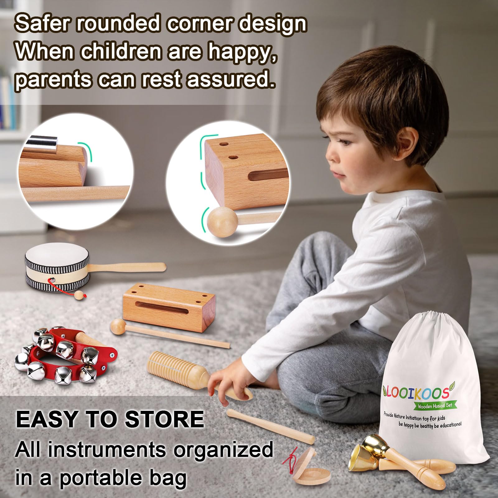 LOOIKOOS Montessori Natural Wooden Musical Instruments Set for Toddlers Preschool Educational Percussion Toys with Storage Bag, Safe Early Learning Toys for Boys Girls (3+)