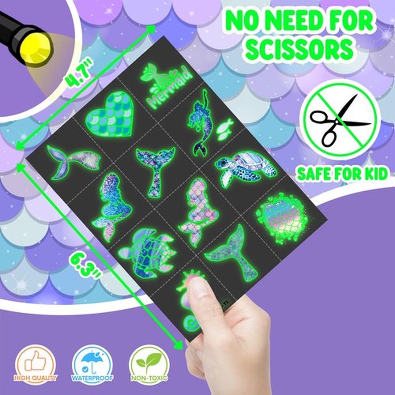 96PCS Mermaid Pre-Cut Temporary Tattoos for Kids - Cute Under the Sea Party Favors, Perfect for Ocean Mermaid-Themed Birthdays, School Rewards, and Baby Showers (Glow in the dark)