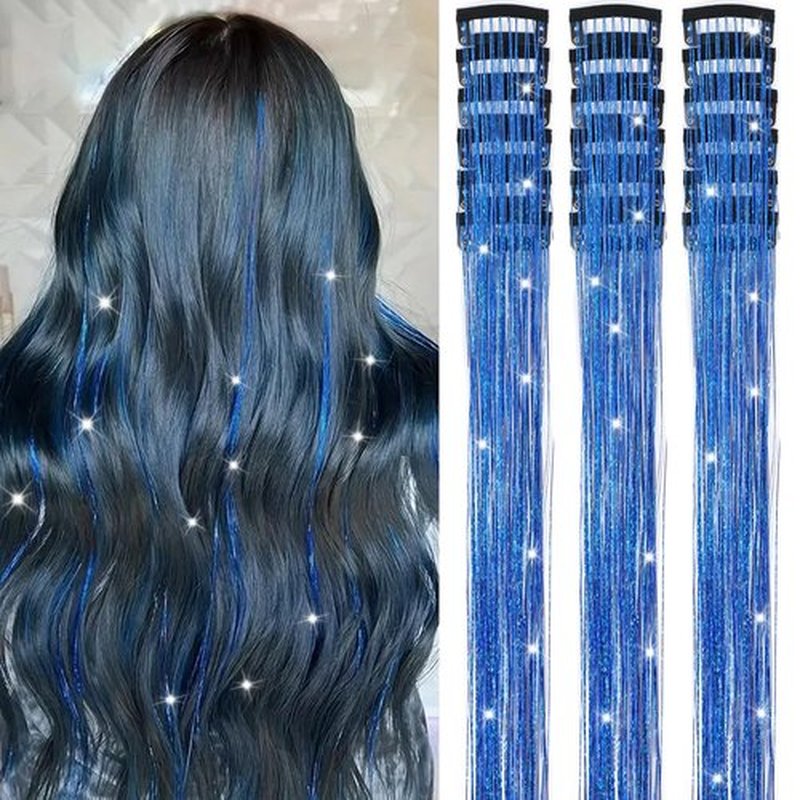 Nielp 18 Pcs Hair Tinsel Clip in, 20.5 Inch Glitter Tinsel Hair Extensions, Shiny Sparkling Fairy Hair Tinsel Clips, Dazzling Party Hair Accessories for Girls Women Kids (Sapphire blue)