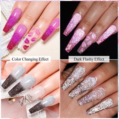 MSRUIOO Color Changing Reflective Gel Nail Polish, Temperature Color Change Glitter Gel Polish, Diamond Glitter Silver Pink Purple