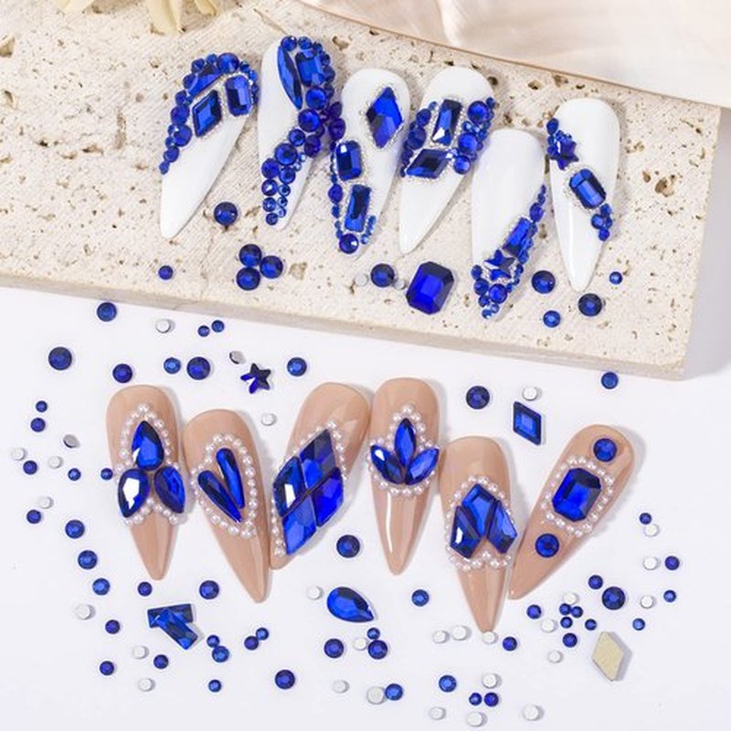 Nail Rhinestones Kit Round Flat Back Rhinestones 1500Pieces Multi Shape Blue Nail Gems 10ml Gel Nail Glue with Nail Crystals Diamonds Jewelry Rhinestones for Nail Design DIY Crafts Decoration