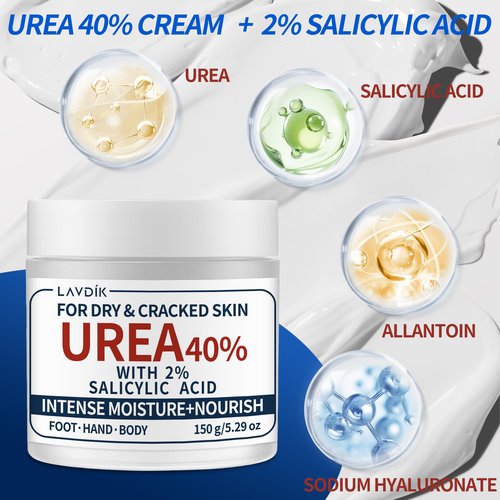 LAVDIK 40% Urea Cream with 2% Salicylic Acid, Maximum Strength Moisturizer for Dry, Cracked Skin on Feet, Hands, Heels, Elbows, and Knees, 5.29 OZ