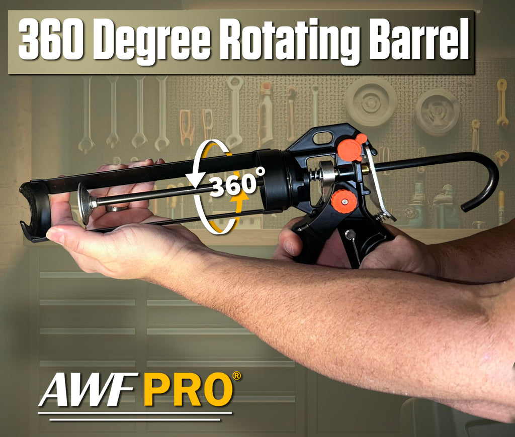 AWF PRO 29 oz Dual Thrust Caulk Gun, 25:1 or 12:1 Thrust Ratio, No Drip, Rotating Barrel, Comfort Grip, with Built-In Puncture Tool