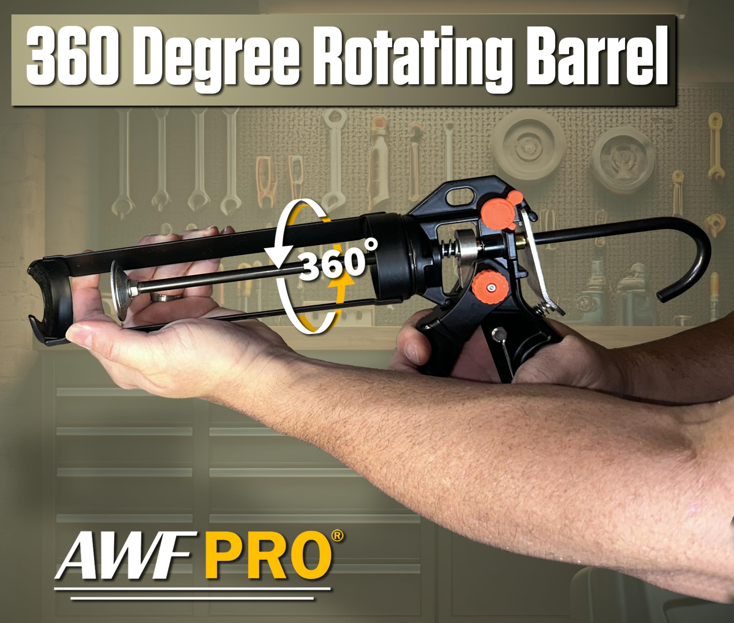 AWF PRO 29 oz Dual Thrust Caulk Gun, 25:1 or 12:1 Thrust Ratio, No Drip, Rotating Barrel, Comfort Grip, with Built-In Puncture Tool