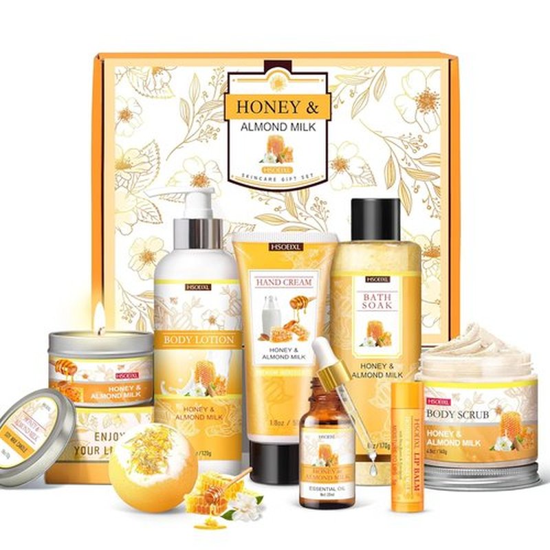 Almond Milk & Honey Bath Gift Set by [Brand Name] - 9-Piece Spa Essentials for Women | Perfect Birthday Gift for Mom, Girlfriend, or Sister