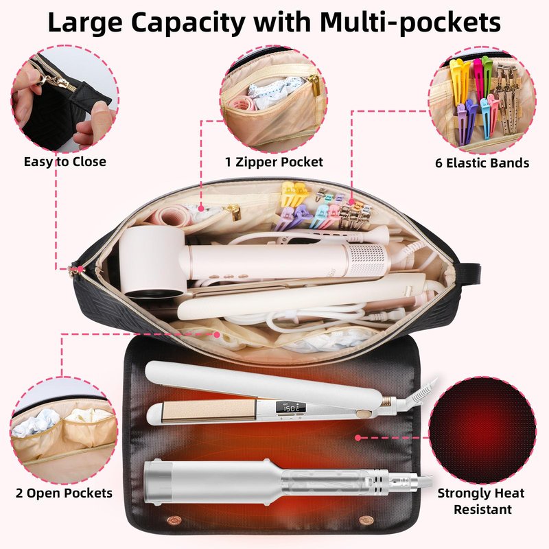 Veirdro Hair Tools Travel Bag with Heat Resistant Mat, Portable Hair Tool Organizer Travel Carrying Case for Straightener, Flat Iron, Curling Iron, Hair Dryer& Hair Styling Accessories Women (Black)