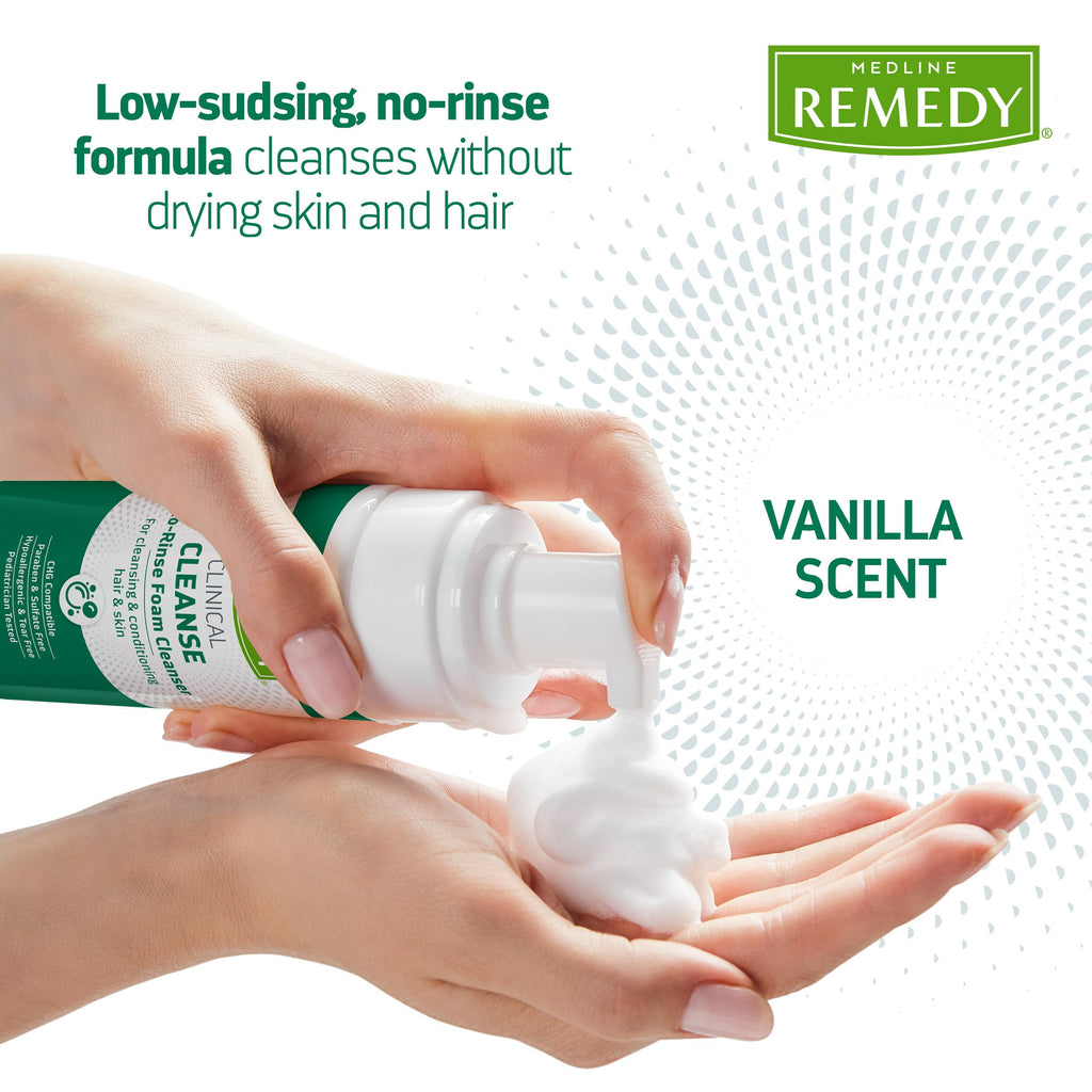 Medline Remedy Clinical No-Rinse Foam Cleanser, Vanilla Scent (4 fl oz) - Hydrating Shampoo and Body Wash for Sensitive Skin, Paraben and Sulfate Free, For Face, Hair, and All Ages