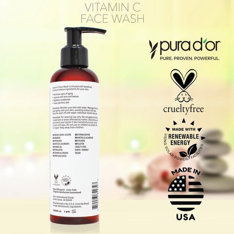 PURA D'OR 8 Oz Vitamin C Face Wash - Antioxidant Rich Facial Cleanser For Radiant Glow & Even Skin Tone - Gentle, Refreshing, Nurturing, Hydrating - Sulfate & Paraben Free - All Skin Types