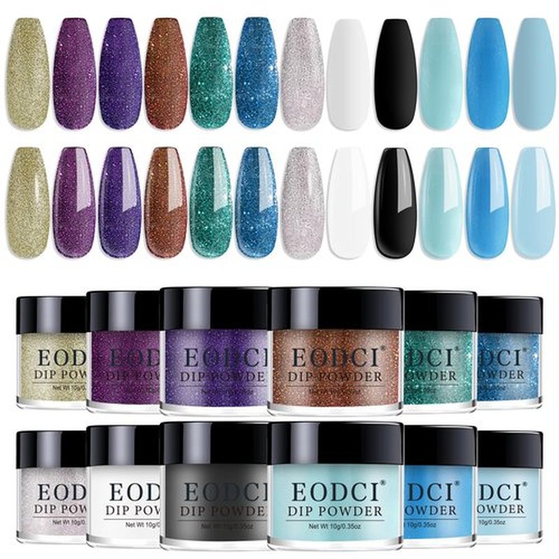 Eodci 12 Pcs Nail Dip Powder Set, 12Colors Glitter Blue Gold Silver Snow Dipping Powder Kit, Black White Nail Art Manicure Salon DIY for Daily at Home Party Gifts for Women
