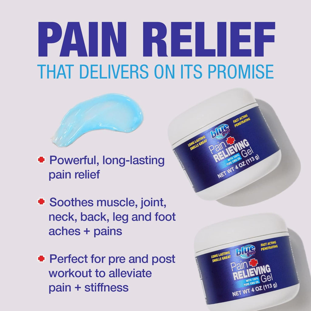 Blue Goo Pain Relieving Gel – Relief for Back, Neck, Muscle and Joint Pain, Fast-Acting Cooling and Soothing Relief with 100% Pure Emu Oil, 4 oz (1 Pack)