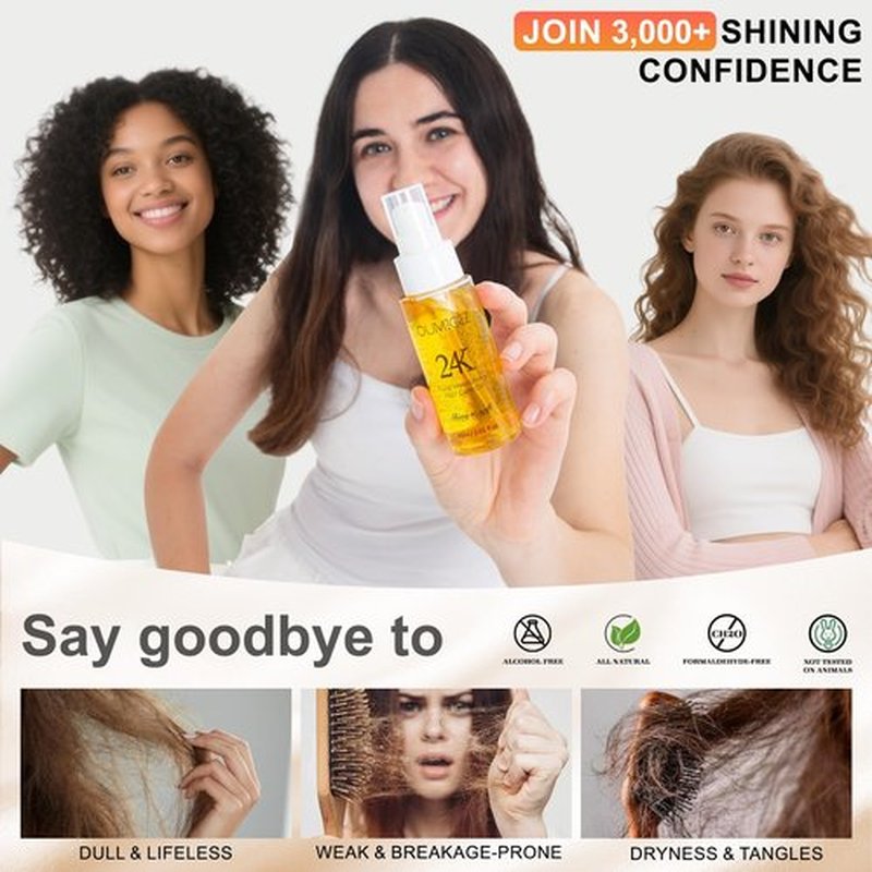 Oumigiz 24K Gold Hair Oil Made in the UK – Repair & Shine Serum with Coconut, Argan & Olive Oils – Vegan Heat Protectant, Frizz Control for Dry, Damaged Hair (2.02 Fl Oz (Pack of 1))