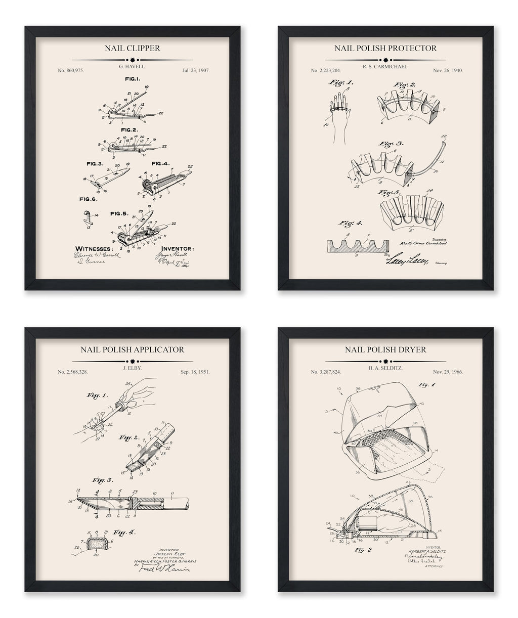 Poster Master 4-Piece Nail Polish Protector Patent Print - Nail Clipper Blueprint Poster - Polish Applicator & Dryer Art - Technical Drawing Wall Design - Salon Decor - 8x10 UNFRAMED Wall Art