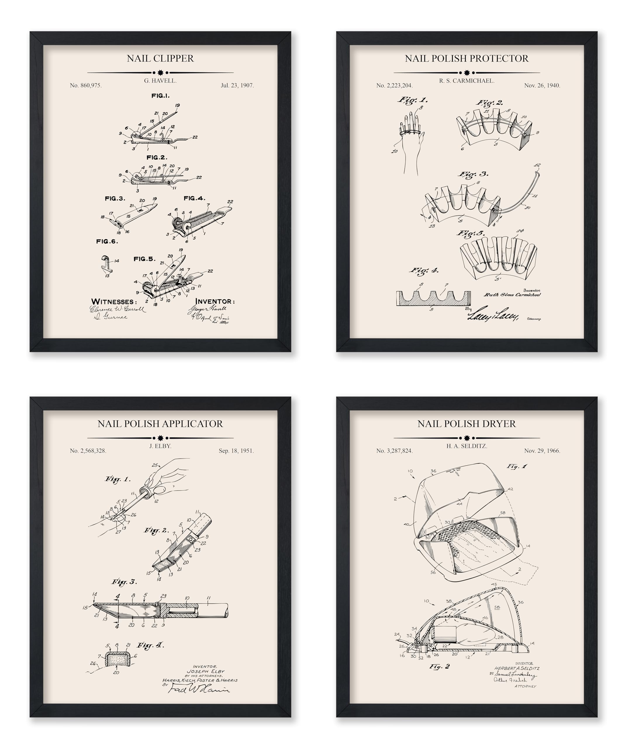 Poster Master 4-Piece Nail Polish Protector Patent Print - Nail Clipper Blueprint Poster - Polish Applicator & Dryer Art - Technical Drawing Wall Design - Salon Decor - 8x10 UNFRAMED Wall Art