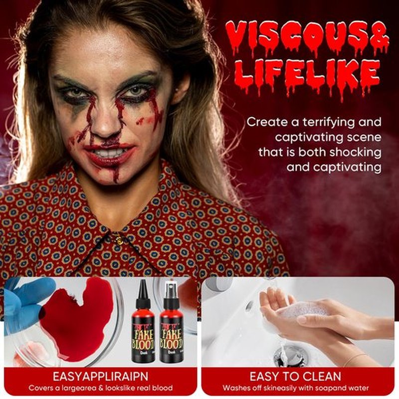 JAYUWE 7 PCS Halloween Fake Blood Spray Makeup Kit - Fake Blood 2.1oz X4 + Coagulated Blood Gel 1.41oz + Soap + Sponge, Washable Blood Paint for Clothes SFX Makeup Vampire Accessories, Dark & Fresh