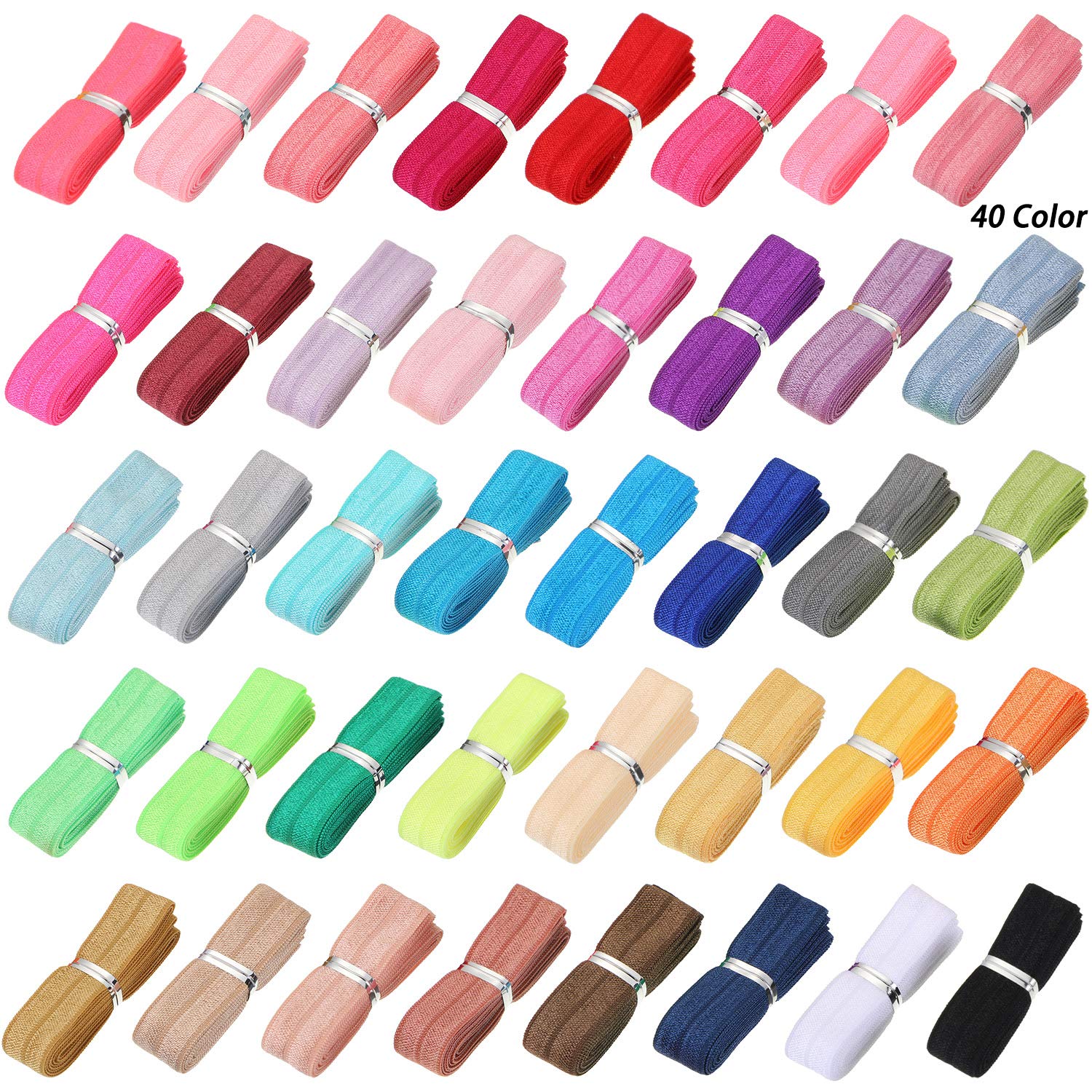 WILLBOND 40 Yards Fold over Elastic Solid Color Trim Elastic 40 Colors Ribbon Sewing Stretch Ribbon Band for Hair Bow DIY Craft Hair Ties Headbands(Multicolor)