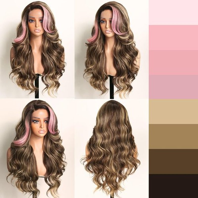FABÉLLE Pink Highlight Wig Body Wave Wig Glueless Wig Lace Front Wigs for Black Women 24 Inch wear and go Synthetic Lace Front Wig