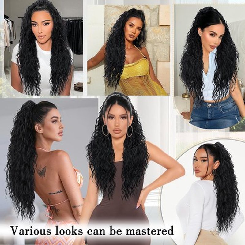 CHRSHN Claw Clip Ponytail Extension Long Black Curly Drawstring Clip in Pony Tails Hair Extensions 26 Inch Synthetic Layered Fluffy Hairpieces for Women