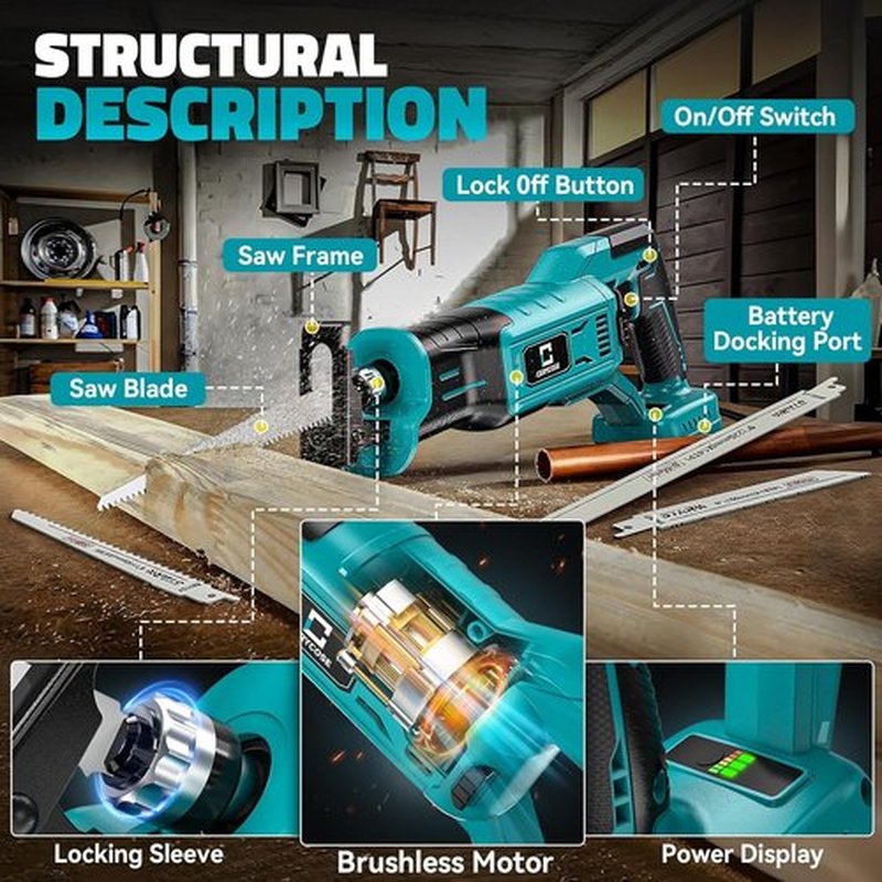 Cerycose Cordless Reciprocating Saw - Compatible with Makita 18V Battery | Variable Speed, 4 Blades for Metal, Wood, PVC