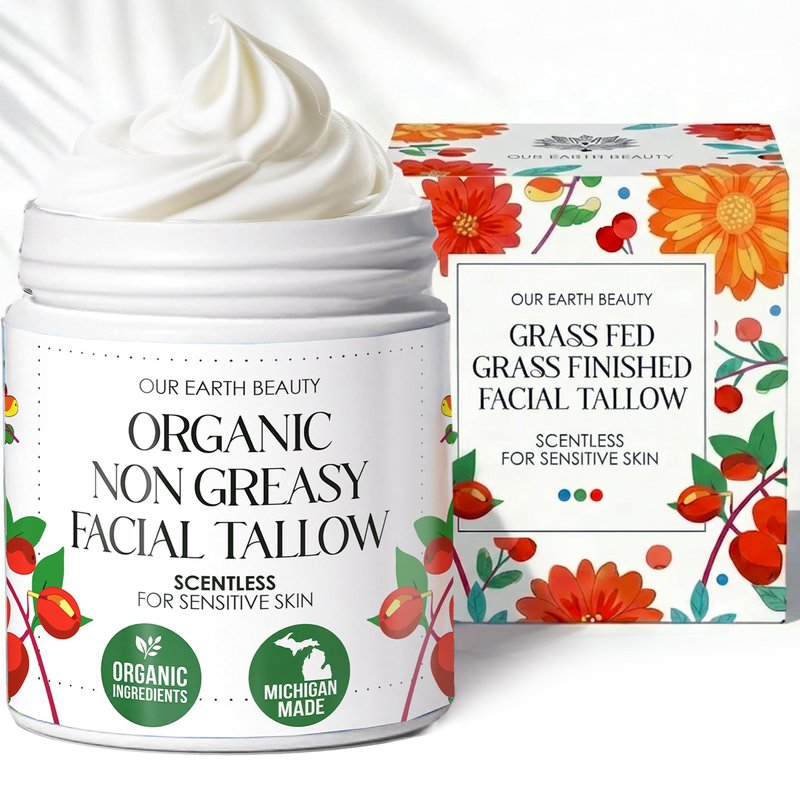 Organic Beef Tallow Face Cream Moisturizer for Skin Unscented | Grass Fed Finished Whipped Balm for Dry, Fine Line, Mature, and Sensitive-leaning Skin Types | Made in USA (4 Fl Oz Ounce)