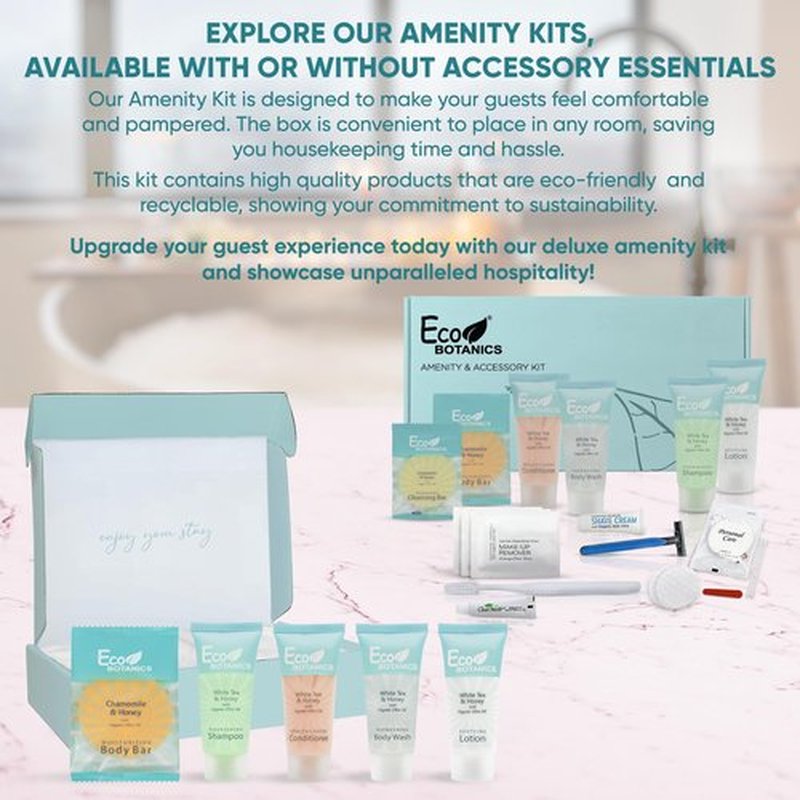 Eco Botanics Amenity Kit | Boxed Hotel Toiletries | Bulk Set .85 oz Travel Size Shampoo, Conditioner, Lotion, Body Wash & Body Bar Soap for Guest Hospitality AirBnB/Vacation Rentals | 15 sets per case