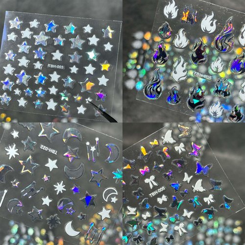 3000Pcs 60 Sheets Silver Nail Art Stickers Silver Aurora Nail Stickers Decals 3D Self-Adhesive Star Flower Nail Decals for Women Girls Salon Home DIY Manicure Nail with Tweezers Included…