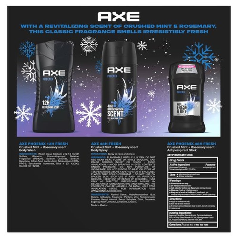 AXE Phoenix Fresh Gift Set for Men Body Wash, Spray & Antiperspirant, 48H Protection, Crushed Mint & Rosemary Scent (3 Piece Set)
