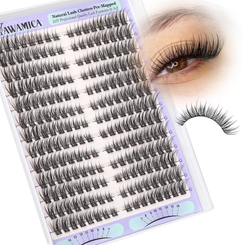 Yawamica Natural Lash Clusters Short Cat Eye Lash Extension 7-14mm Wispy Eyelash Clusters C Curly Individual Lashes Pre-mapped Left Right Cluster Eyelash Extensions DIY Lash Natural Look