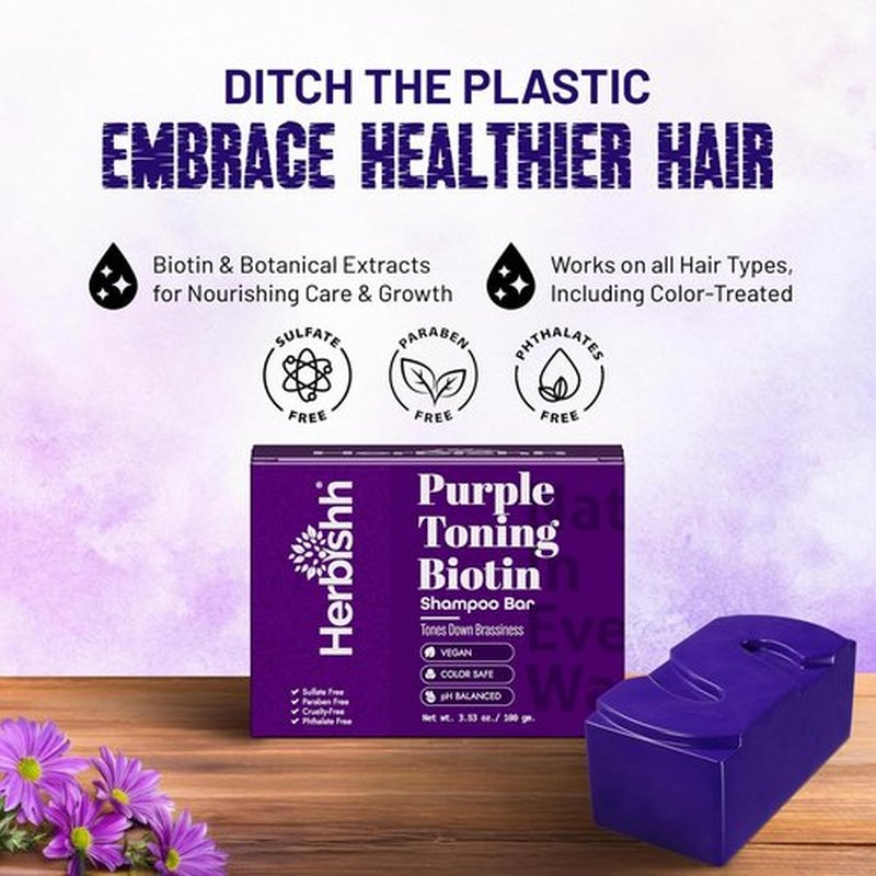 Herbishh Purple Shampoo Bar - Biotin-Infused Solid Bar to Neutralize Brassy Tones | 3.53 oz Vegan & Sulfate-Free