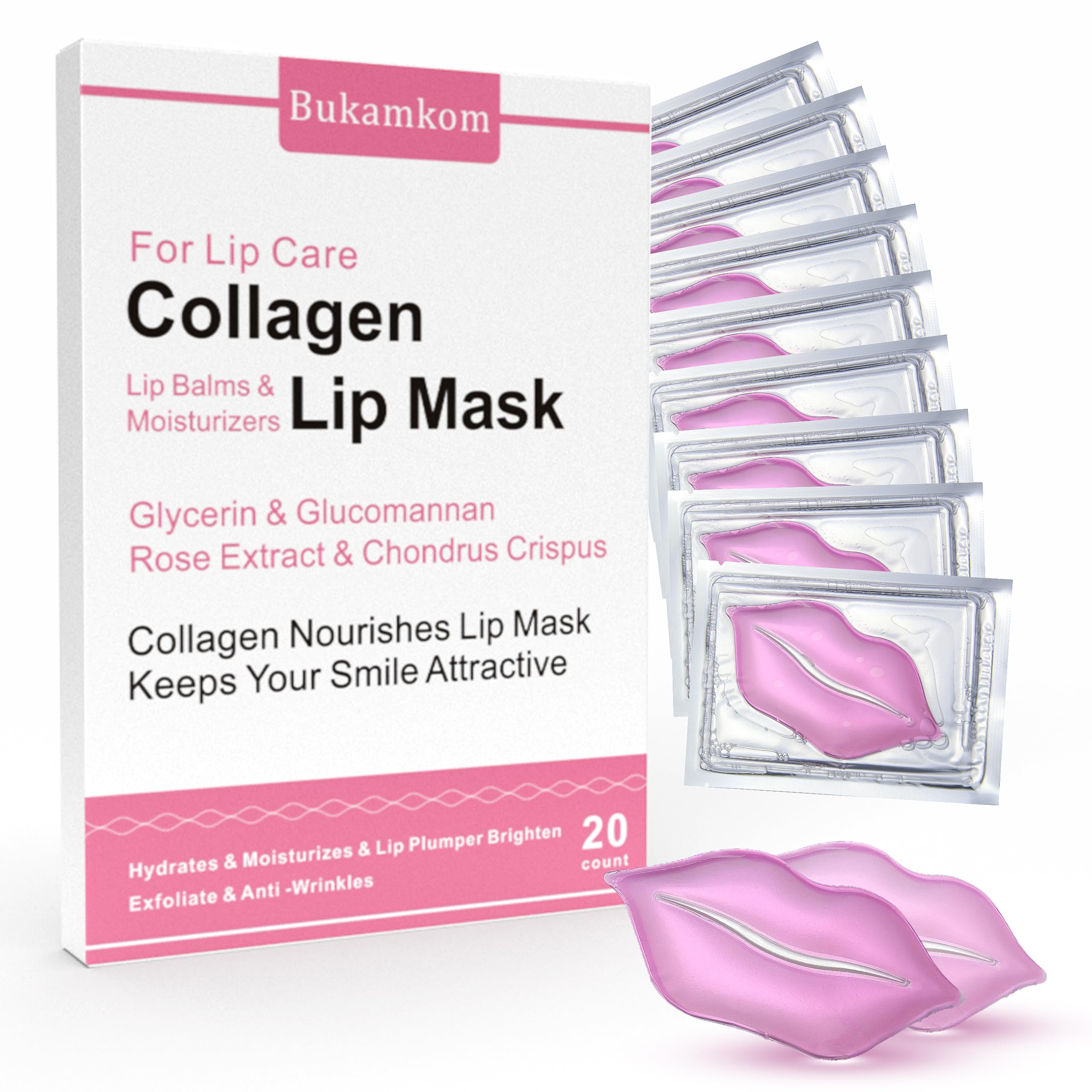 Bukamkom Collagen Lip Masks Bulk(20 Pieces/Box),Lips Mask Sheet to Reduce Dark Lips to Remove Dead Skin Moisture,Bulk Lip Masks Individually Wrapped