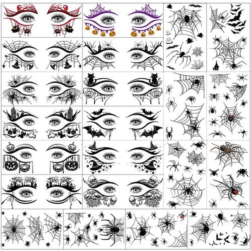 Hotoyannia 22 Sheets 110 PCS Halloween Face Temporary Tattoos Stickers, Halloween Face Fake Tattoos Spider Web Bat Eyeliner Eye Shadow Tattoos Halloween Makeup Kit For Women Girls Masquerade Party