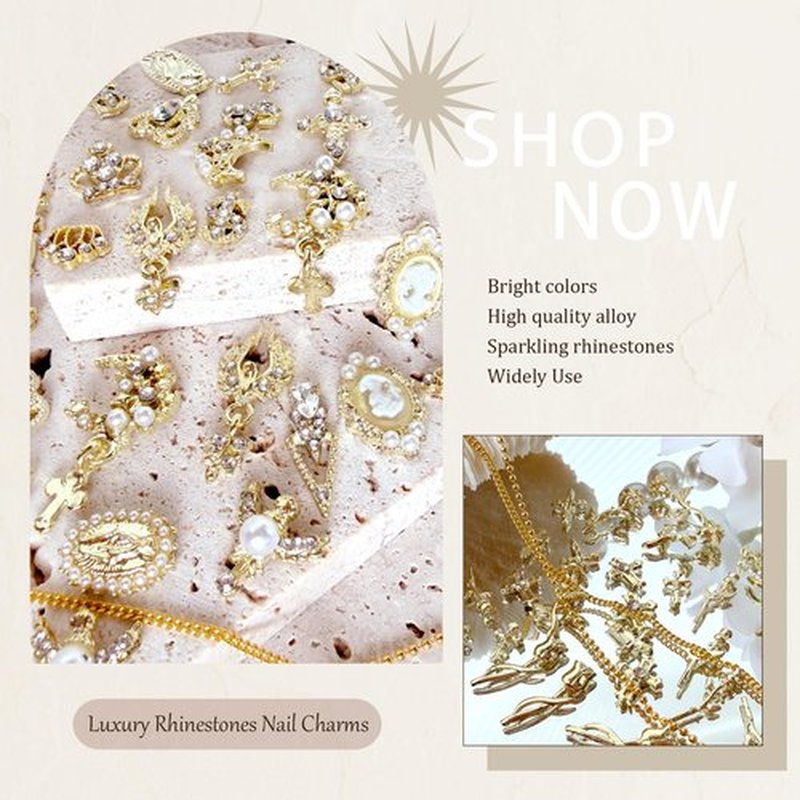 3D Luxury Gold Cross Nail Charms, Flat Back Pearls Bead Crafting, Rhinestones Nail Charms Y2k Cute Crown Star Moon Heart Flower Virgin Mary Angel Dangle Gem Charms Nail Art Nail Chains Bulk