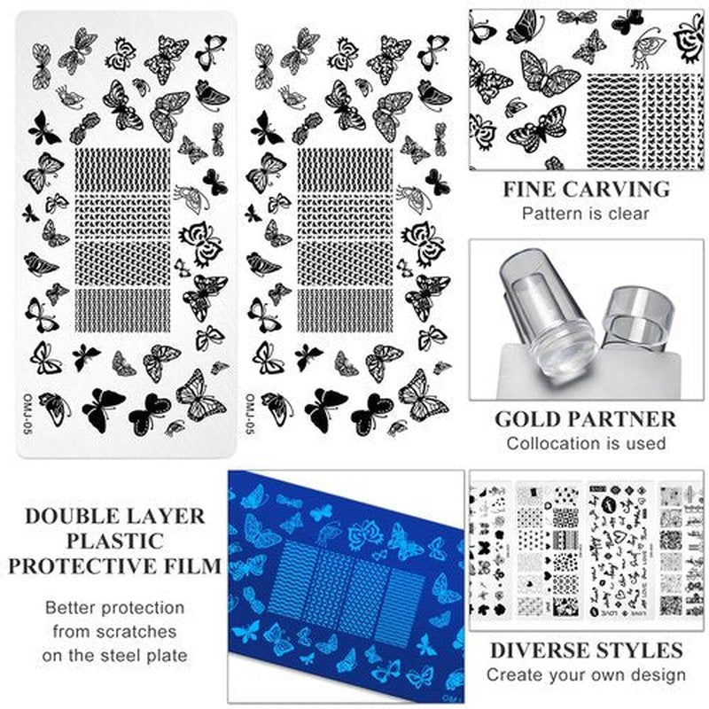7pc Nail Stamping Plate Kit Butterfly Heart Letter Nails Stamp Plate Leaf Flower Nail Art Template Stencil Fingernail Polish Stamps Plates Set Silicone Stamper Scraper French Tips Nails Design Tools