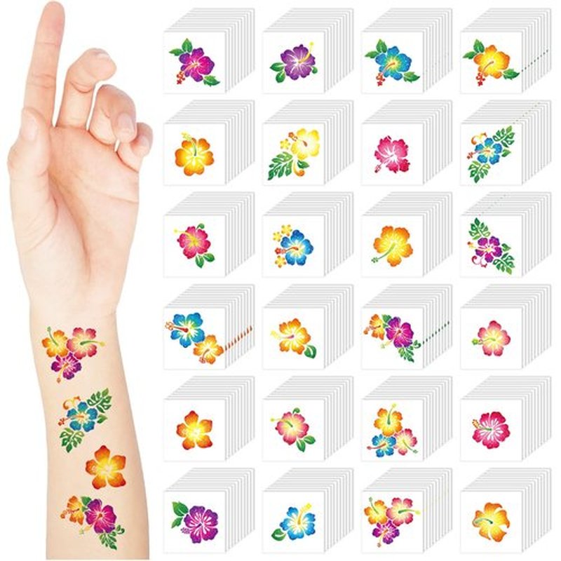 Nosiny 240 Pcs Hibiscus Glitter Tattoos Hawaiian Temporary Tattoos Flower Luau Stickers Summer Decal Stickers Tropical for Women Men Body Face Hawaiian Themed Party
