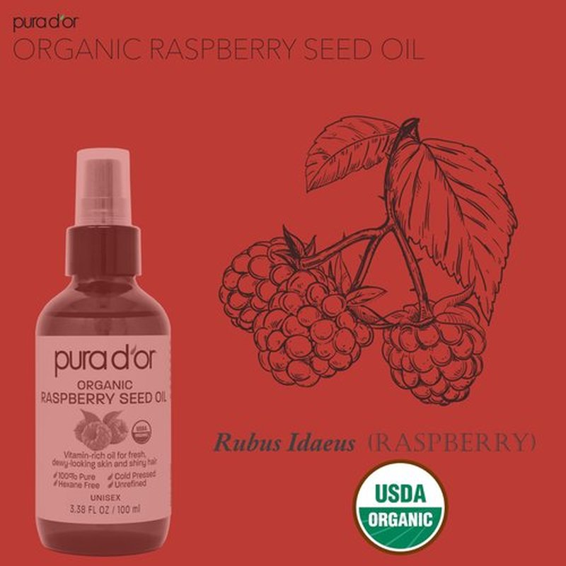 PURA D'OR 3.38 Oz ORGANIC Raspberry Seed Oil - 100% Pure USDA Certified, Cold Pressed Unrefined, Hexane-Free, Premium Grade - Sun Protection For Skin, Body & Hair