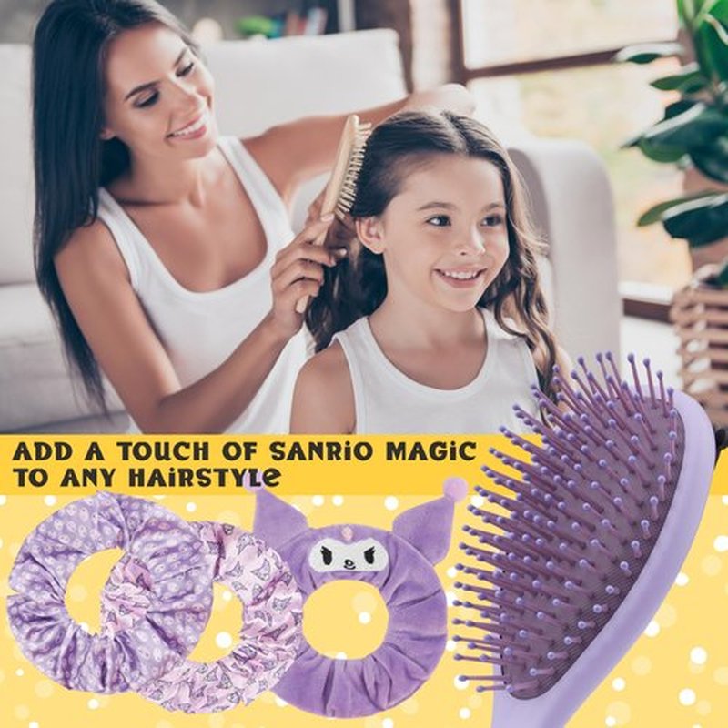 Hello Kitty Sanrio Hair Brush & Scrunchies Set, Kawaii Valentines Day Gifts for Women, Wife, Girlfriend, Girls, Teens, Kuromi, Cinnamoroll Cute Stuff, Detangler Brush (Kuromi Brush & Scrunchies)
