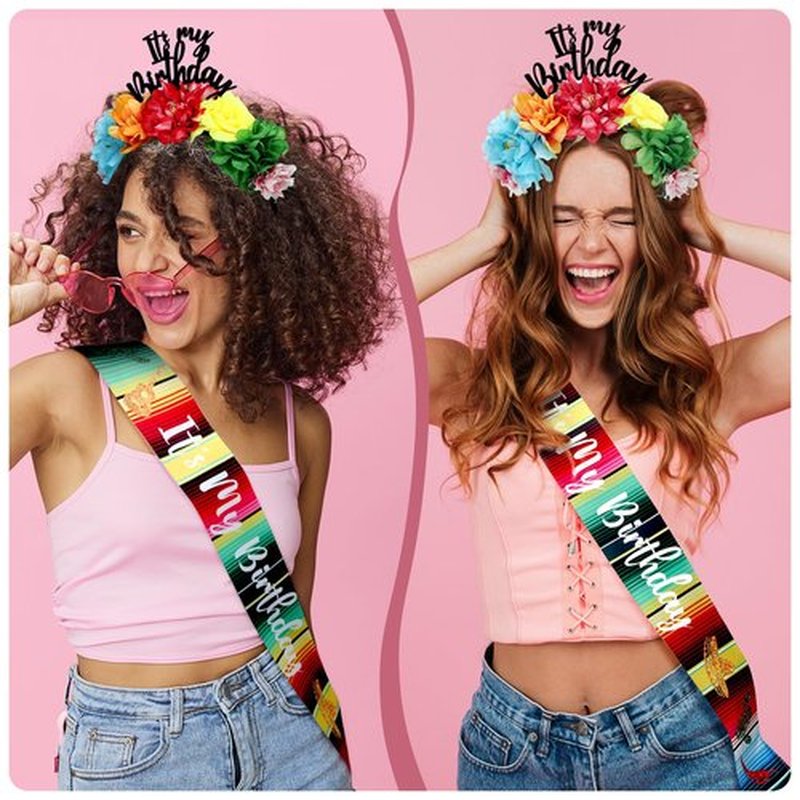 Hoteam 2 Pcs It's My Birthday Headband and Sash Mexican Flower Crowns Cinco de Mayo Satin Sash Fiesta Birthday Tiara Crown for Women