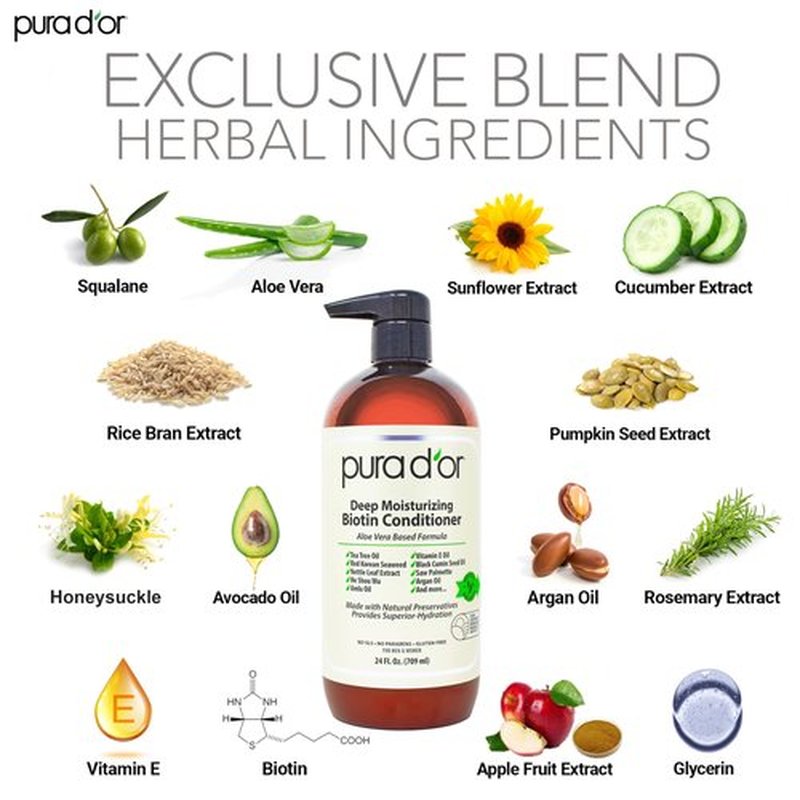 PURA D'OR Deep Moisturizing Biotin Conditioner Thickens, Softens, & Moisturizes Dry, Frizzy, Damaged Hair w/Argan Oil, Pumpkin, Rosemary, Honeysuckle, Vitamin E, Men & Women, 24oz
