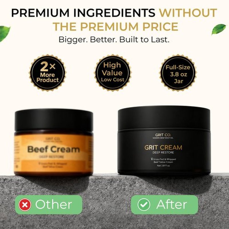 GRIT CO. Beef Tallow for Skin Anti-Aging Men's Face Cream – Grass-Fed Tallow Moisturizer for Men – Unscented Whipped Wrinkle Balm 3.4 oz