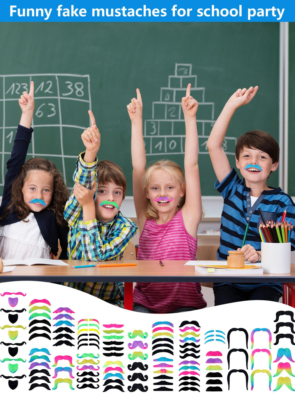 Giegxin 175 Pcs Fake Mustaches Bulk for Kids Stick on Mustache Kids Beard Self Adhesive Sticker School Classroom Costume Beard Novelty