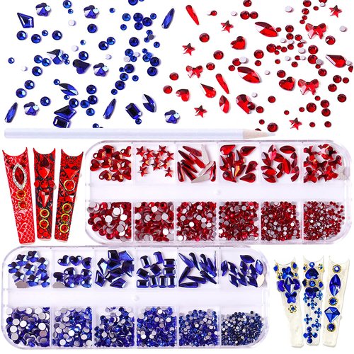 JERCLITY 1620pcs Flat Back Red Nail Rhinestones Blue Nail Rhinestones Round Beads Crystals Glass Gems Stones Multi Shapes Sizes with Picking Pen for Crafts Nail Face Art Clothes Shoes Bags DIY