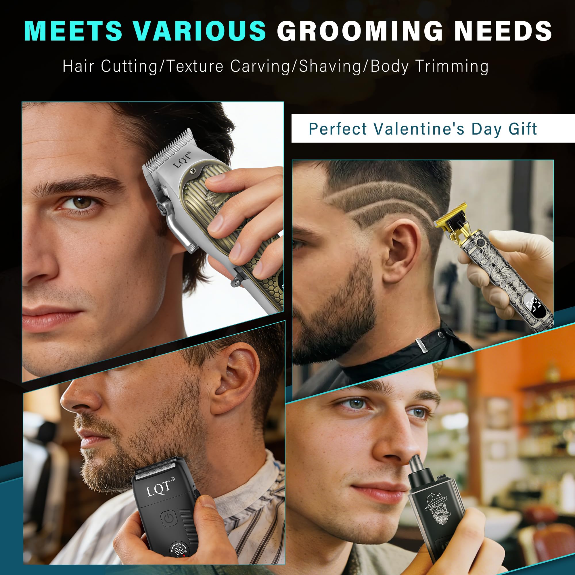 LQT Hair Clippers for Men with LED Power Display, 4-Piece Professional Grooming Kit with Hair Clipper, Detail Trimmer, Foil Shaver & Nose Trimmer, Complete Cordless Set for Home Barber Use