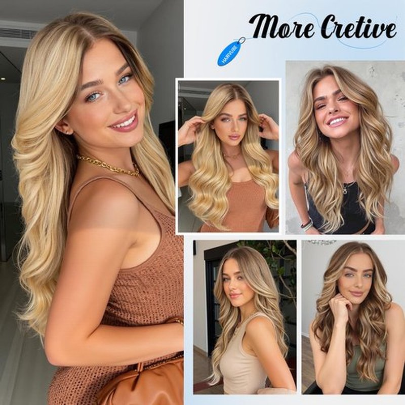 HAIRCUBE 13×6 Glueless Lace Front Wavy Wig, 26 Inch Lace Synthetic Wigs for Women Brown Highlights Color
