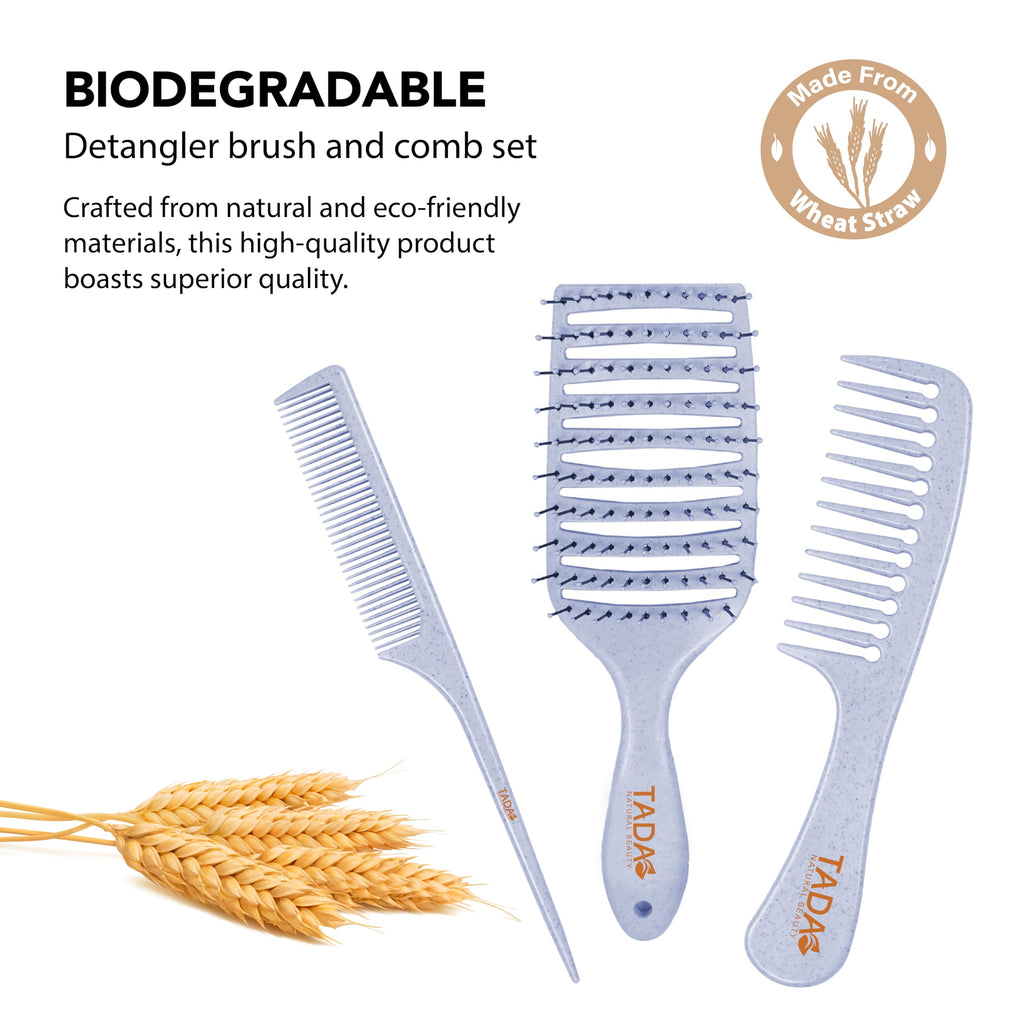 TADA Natural Beauty Set Hair Brush Detangler for All Hair Type Curly, Thick, Wavy, and Thin Hair - Hair Brush Set for Women, Men, Kids (3PK Blue)