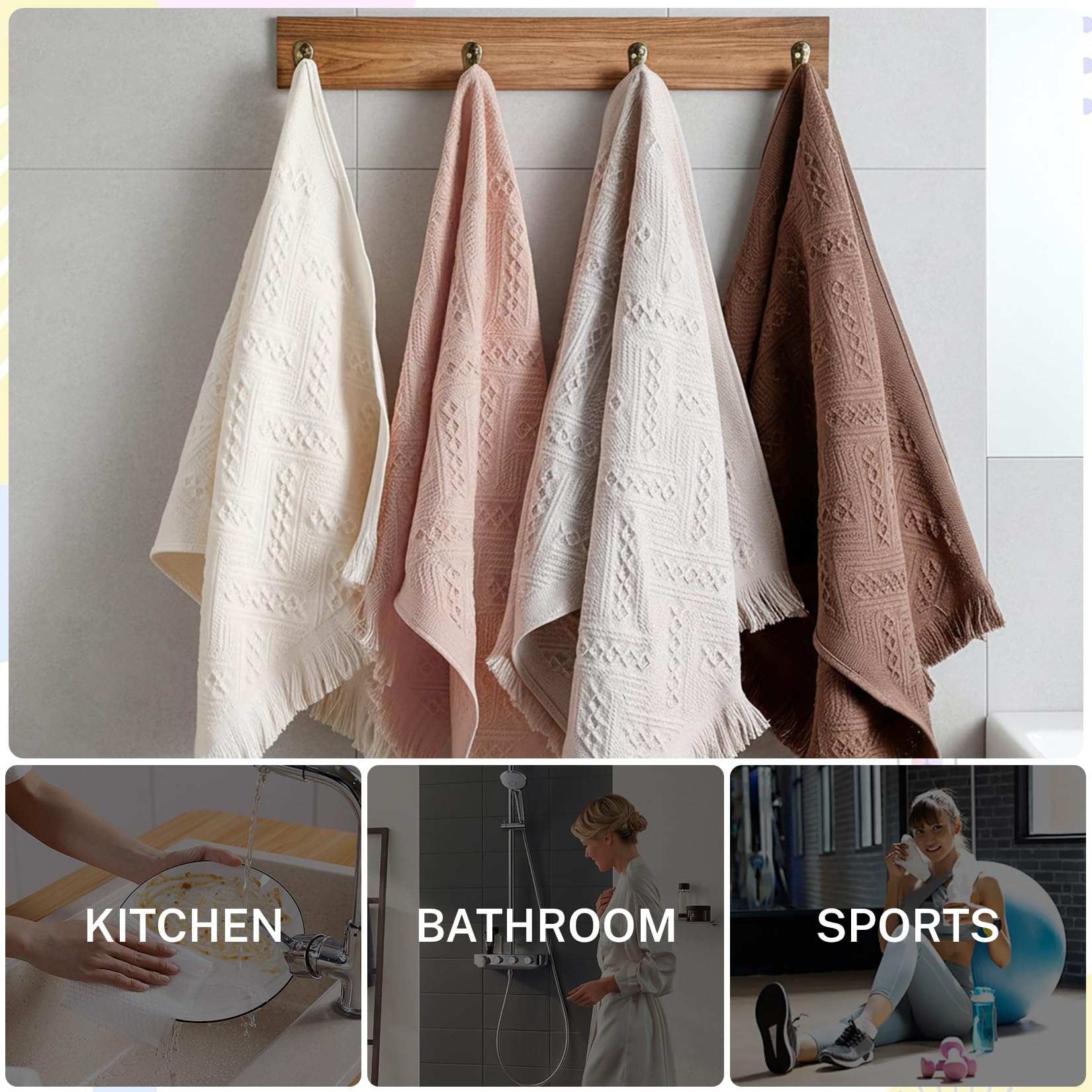 4-Pack Luxury Decorative Cotton Hand Towels for Bathroom Super Absorbent with Jacquard Weave&Fringe – 13x29.1" Boho Hand Towel Set,Soft Face Towel for Boho Bathroom Decor Kitchen Hotel Spa Guest