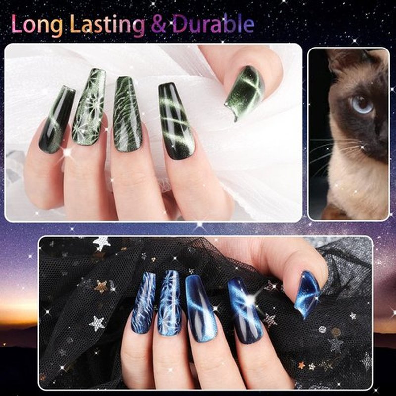 Clara Colors Cat Eye Gel Nail Polish Set - 12 Holographic Shades with 2 Magnet Sticks | DIY Soak Off UV/LED