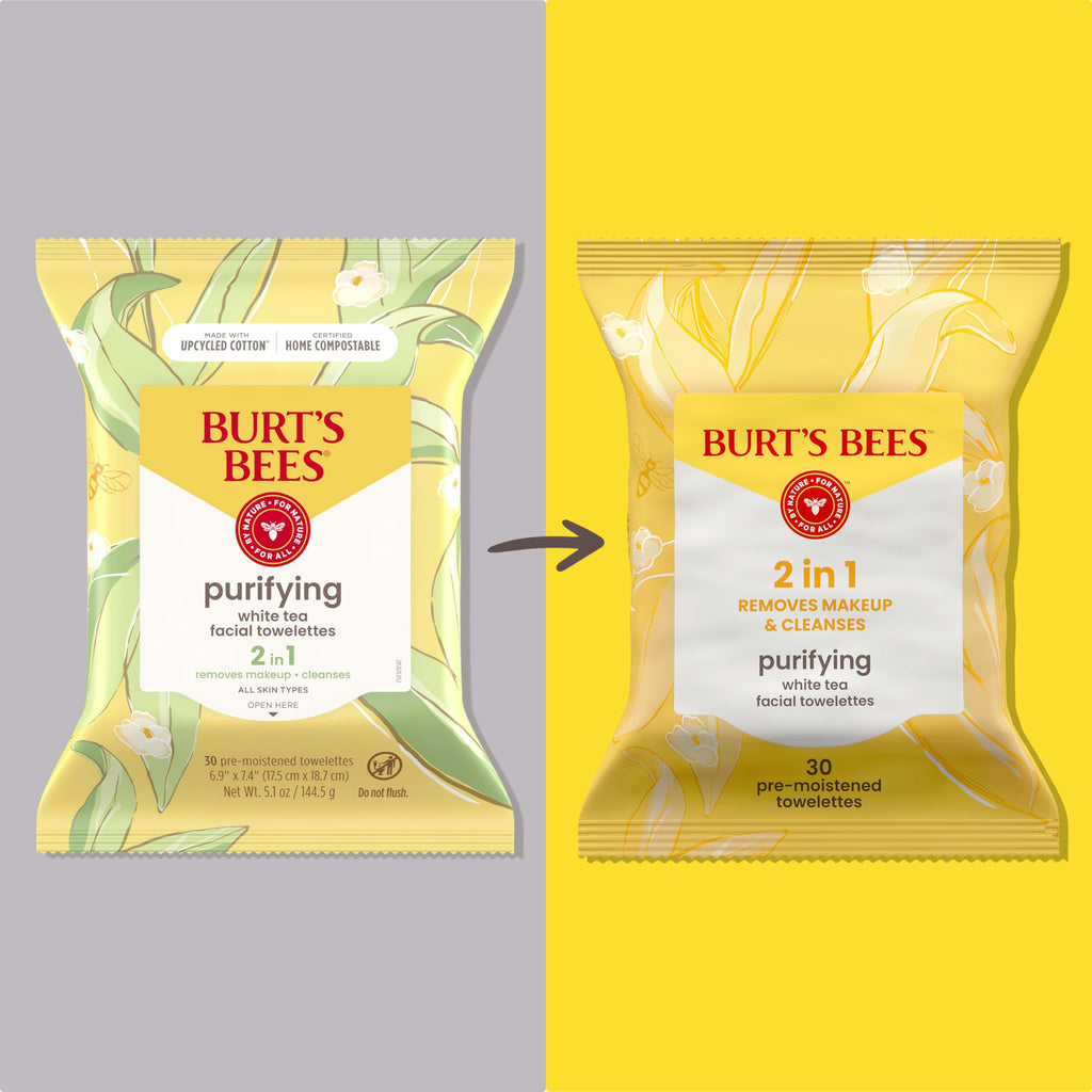 Burt’s Bees Purifying White Tea Facial Towelettes, 100% Plant Based Cloths; 99% Natural Origin; Removes Makeup and Cleanses; No Rinsing; All Skin Types (Pack May Vary)