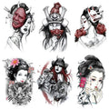 Oottati 6 Sheets Arm Fake Waterproof Body Art Temporary Tattoos Stickers Japanese Geisha Samurai Women Tiger Prajna Dark Red Blood