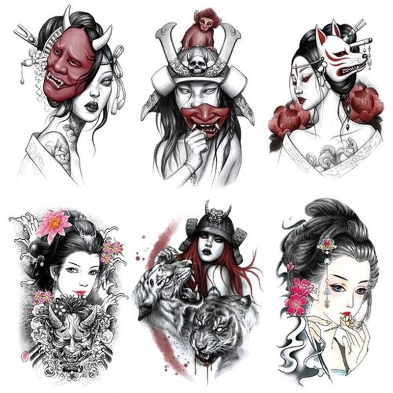 Oottati 6 Sheets Arm Fake Waterproof Body Art Temporary Tattoos Stickers Japanese Geisha Samurai Women Tiger Prajna Dark Red Blood