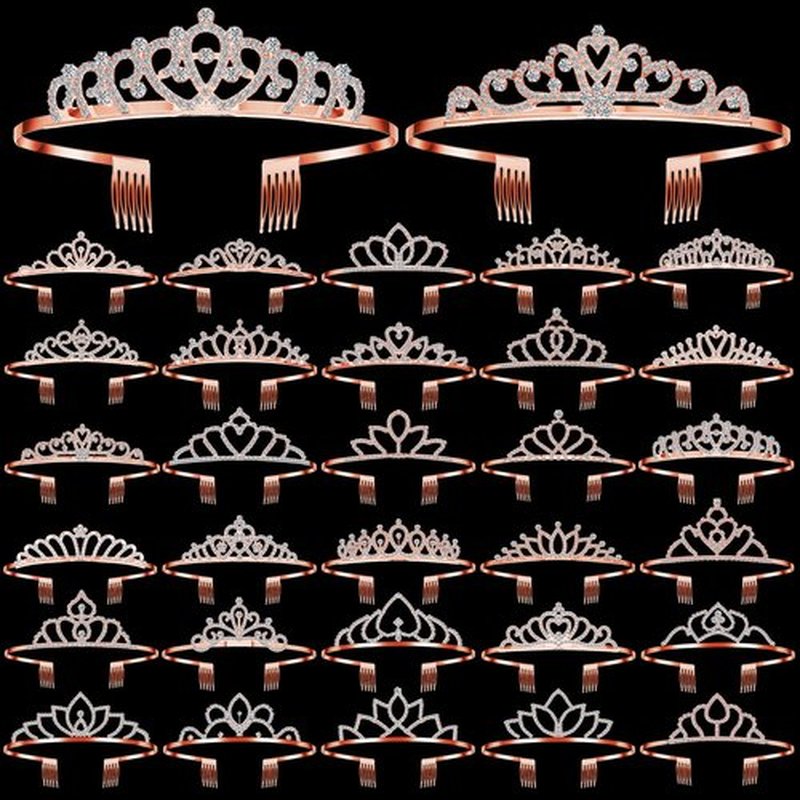 Lyrow 30 Pcs Tiara Crowns for Women Bulk Galentines Day Party Favors Crystal Queen Crowns with Comb Headband Princess Tiaras for Birthday Wedding Halloween Christmas(Rose Gold)